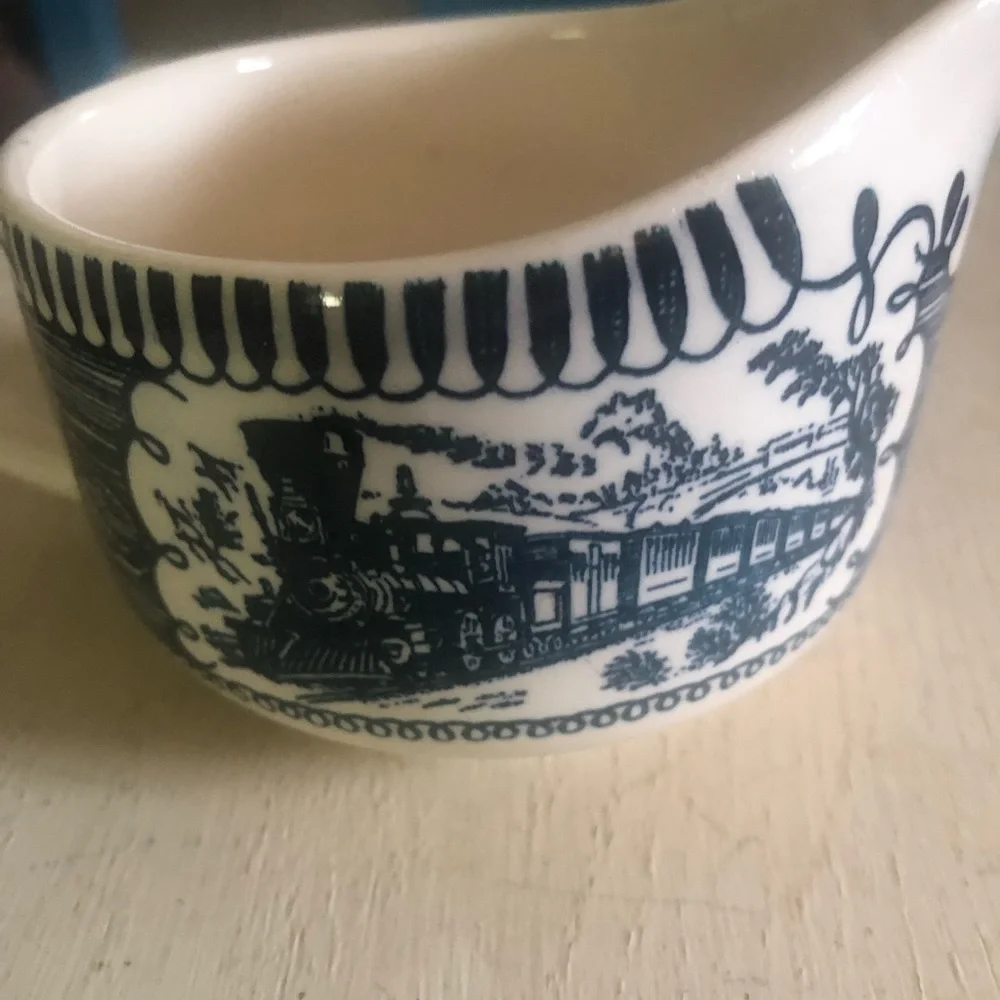 Vintage Blue & White Creamer Pitcher TRAIN Transferware Currier & Ives